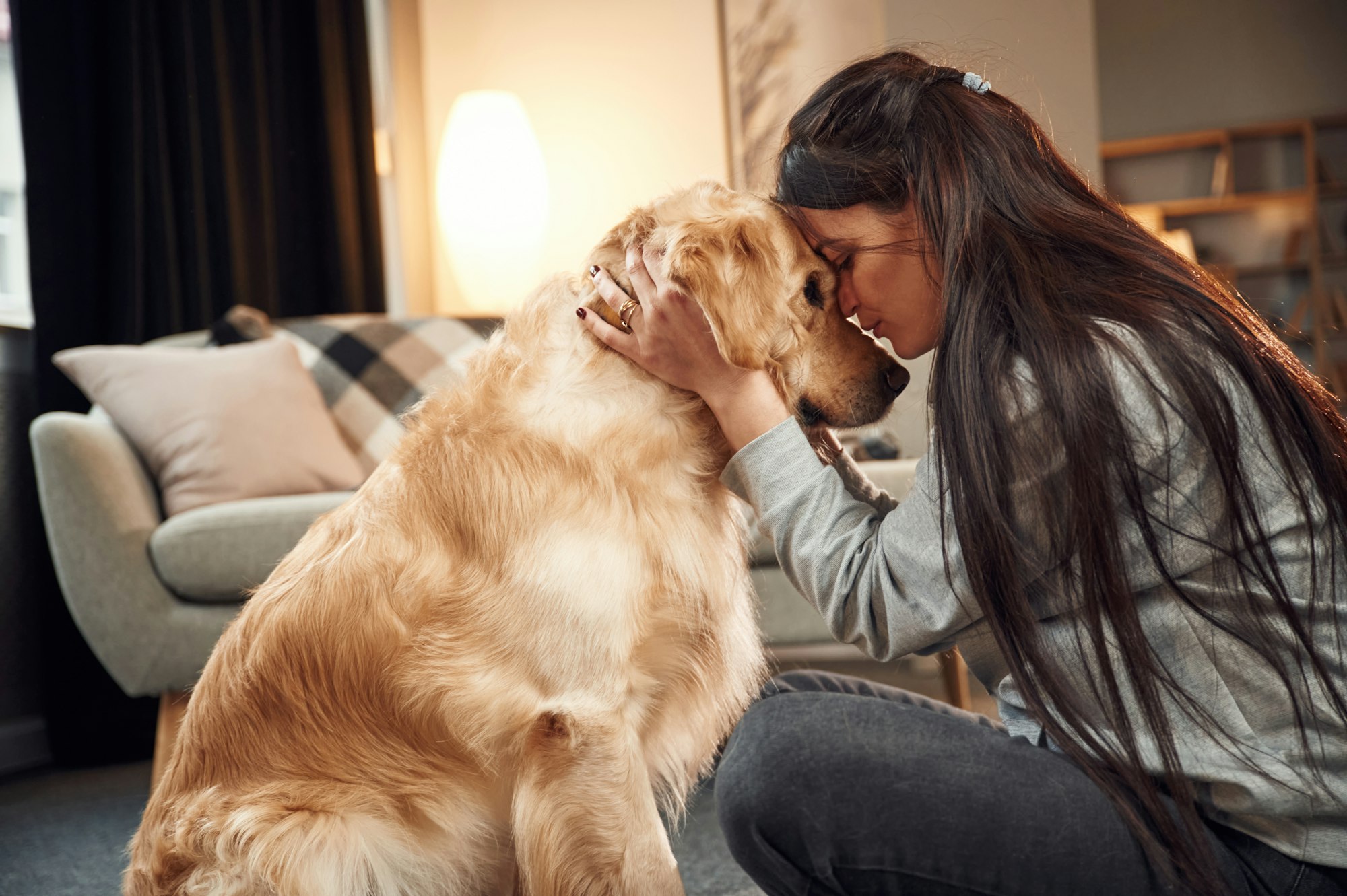 Close up view, portrait. Woman is with golden retriever dog at home